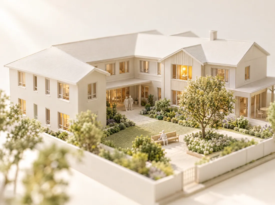 Scale model of a senior care residence with a garden courtyard
