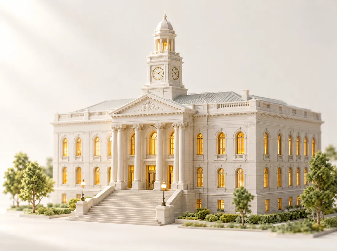 Scale model of a civic hall with a clock tower and wide steps