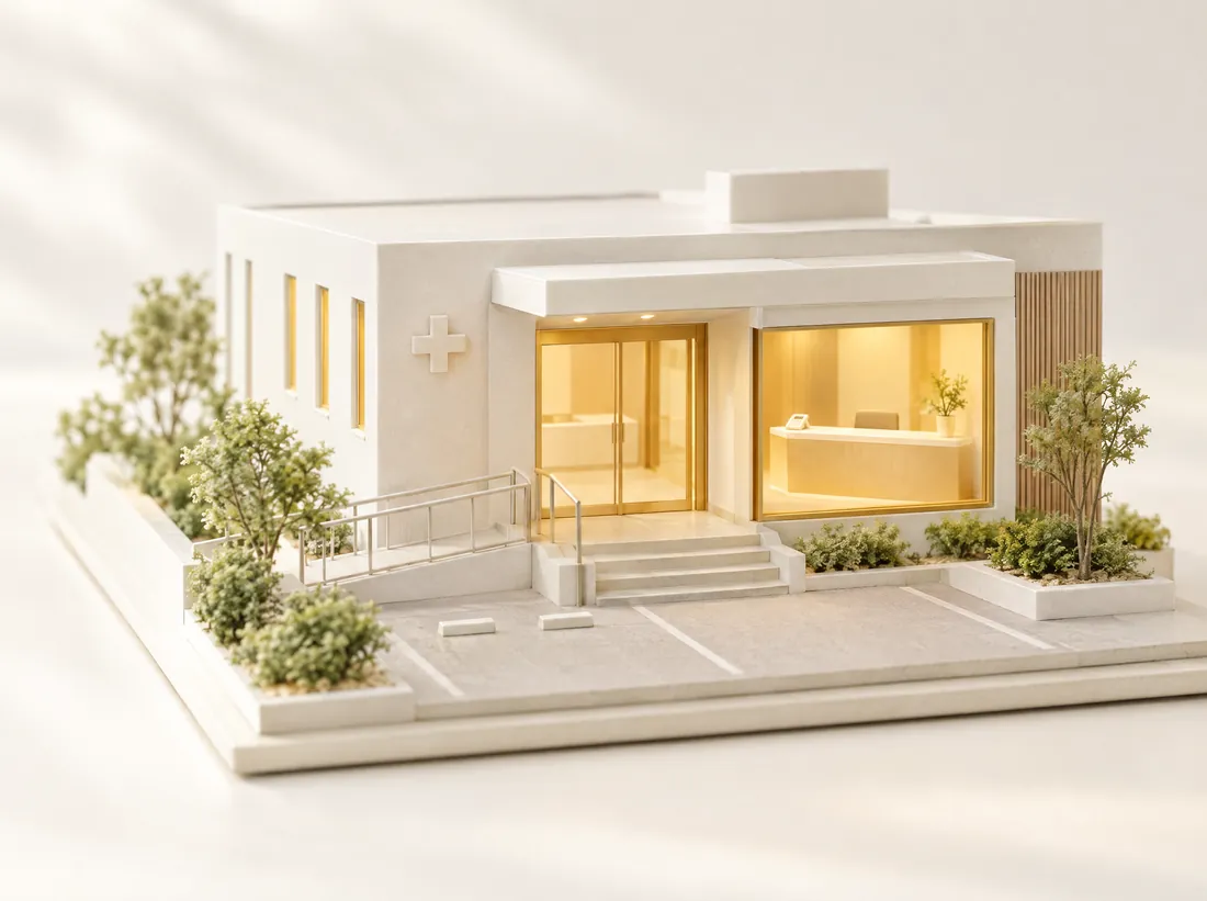 Scale model of a clinic with a glowing gold window and a phone on the reception counter