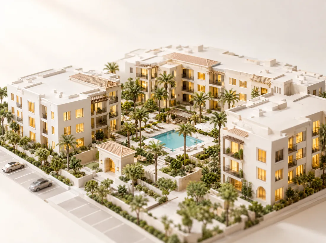 Scale model of an apartment courtyard with a pool and palm trees