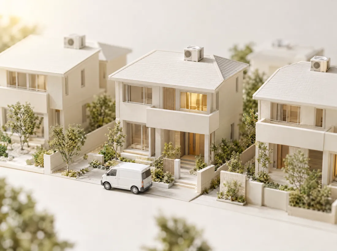 Scale model of homes with rooftop units and a service van parked in front