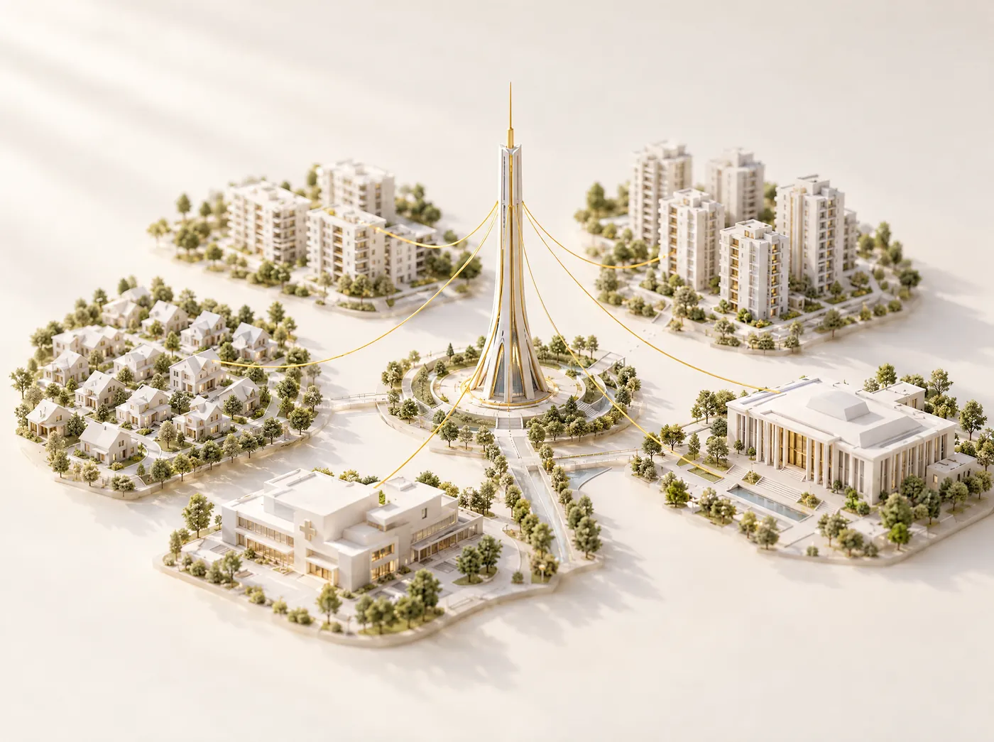 Scale model of a small city on a warm white ground, with gold light threads running to a central tower