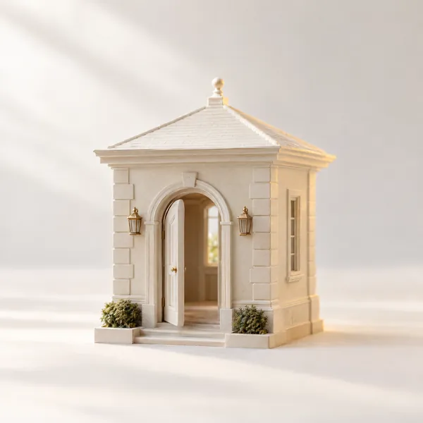 Scale model gatehouse with an open arched door