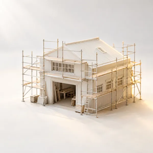Scale model workshop wrapped in scaffolding