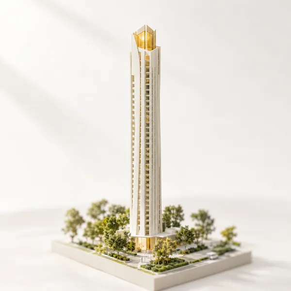 Scale model tower with a glowing gold window